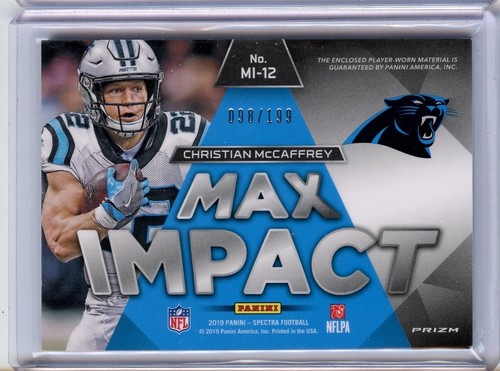 Christian McCaffrey 2019 Panini Spectra Max Impact Neon Blue Relic 98/199 #MI-12 - Picture 2 of 2
