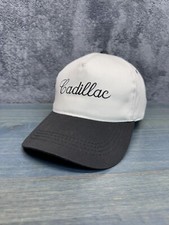 Vintage Cadillac Snapback Hat White Black Adjustable Trucker Script Spellout Cap