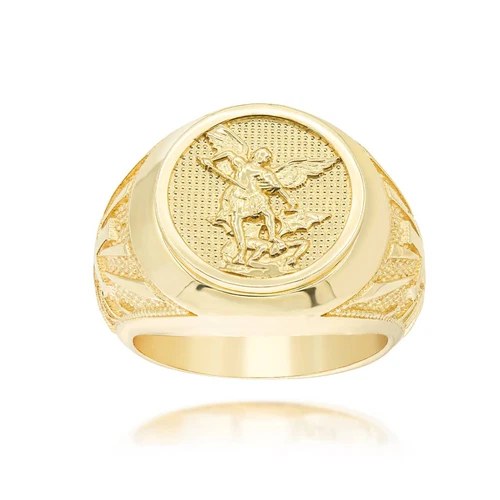Gold Saint Michael Archangel Textured Signet Ring - Picture 1 of 8
