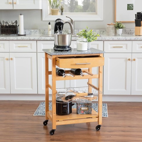 Rolling Kitchen Island with Granite Top, Wine Rack and Wire Baskets. Bamboo.
