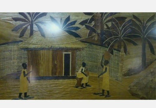 Vintage Inlaid Wood Marquetry Picture of tribes and village 19x27 - Picture 3 of 3