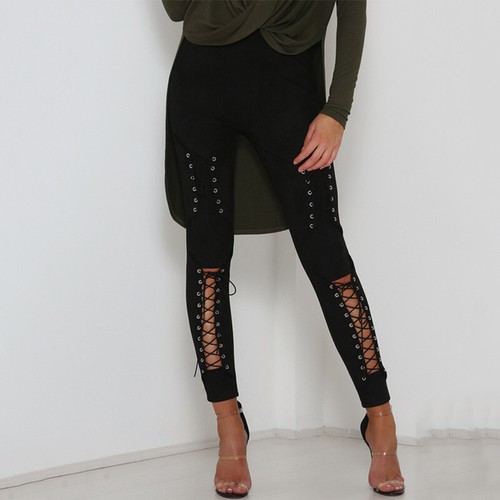 Pantalones de terciopelo para mujer Alacki con cordón de piel de ciervo ajustados góticos punk - Imagen 26 de 27