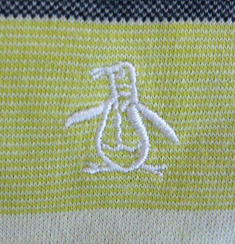 PENGUIN Men's (Size Medium) Gray Striped Slim Fit Short Sleeve Logo Polo Shirt - Picture 2 of 5
