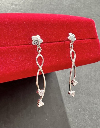 18K White Gold Star Stud With Cubic Zirconia Dangle Earrings - Picture 3 of 15