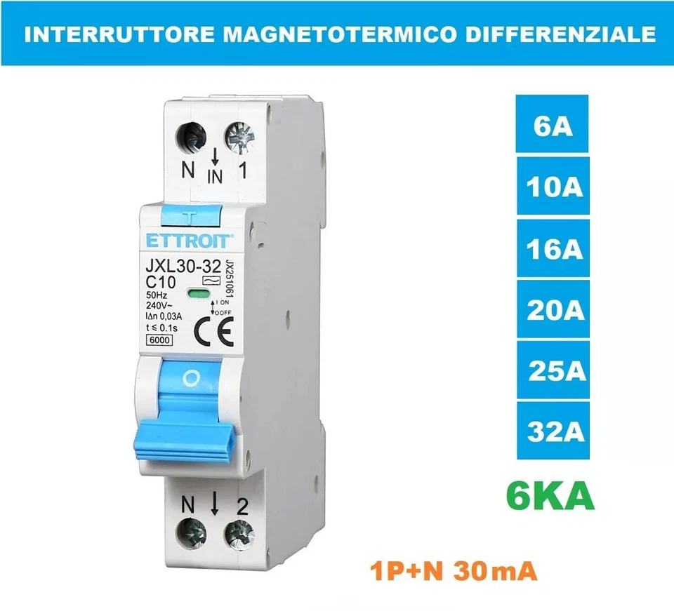 ETTROIT Interruttore Magnetotermico Differenziale da 6A a 32A 1P+N 6KA 30mA 220V Din