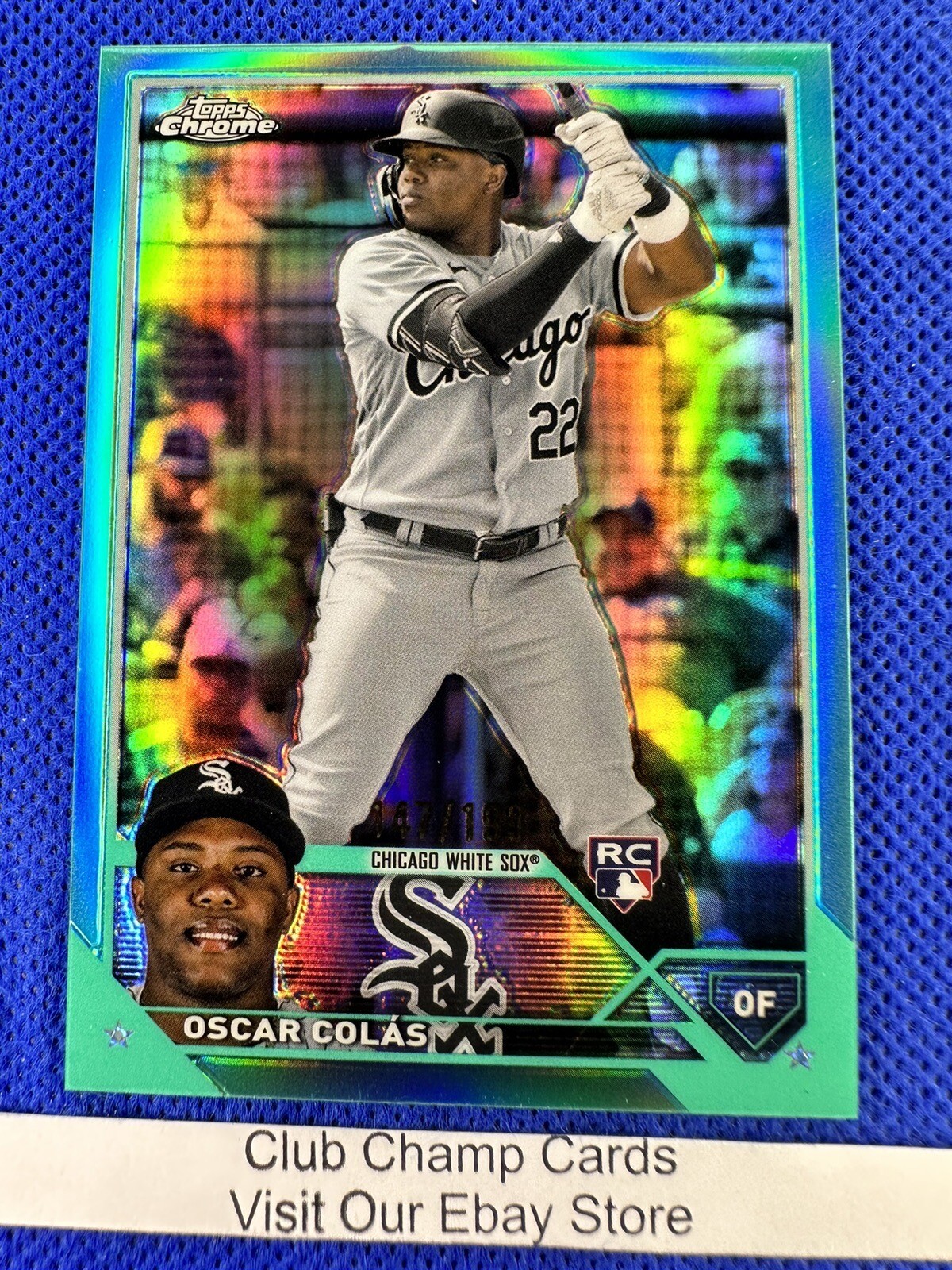 2023 #145 Oscar Colas Topps Chrome Baseball Aqua Refractor 147/199 RC White Sox
