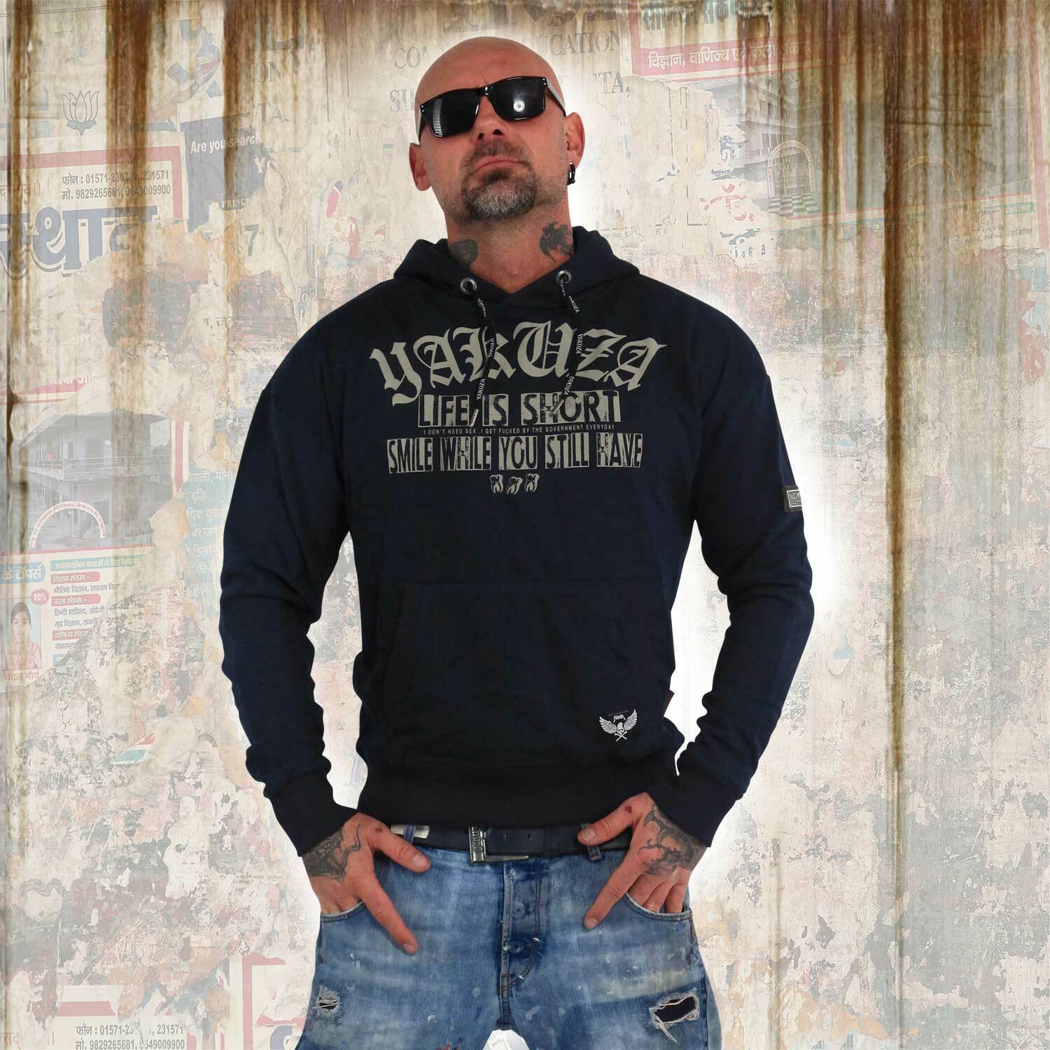 NUOVO Yakuza Uomo life is short short short Two Tone con cappuccio Pullover-blu Indigo 43f721 NUOVO Yakuza Uomo life is short short short Two Tone con cappuccio Pullover-blu Indigo 43f721