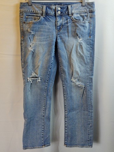 American Eagle For Aerie Stretch Jeans Ripped Distressed Blue Denim Two Button - Bild 1 von 9