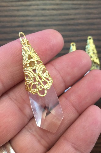 Vintage Large Gold Fancy Filigree Capped Clear Faceted Prism Lucite Drops Lot - Picture 3 of 6