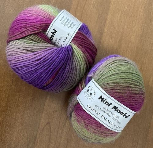 Mini Mochi Crystal Palace Yarn Lot of 2 Balls, Merino Wool 50 grams Purple Green