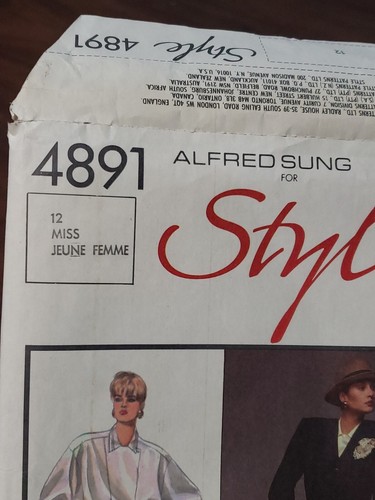 Style Alfred Sung 1986 Sewing Pattern Misses Jacket, Blouse, Skirt Sz 12. Uncut - Picture 2 of 4