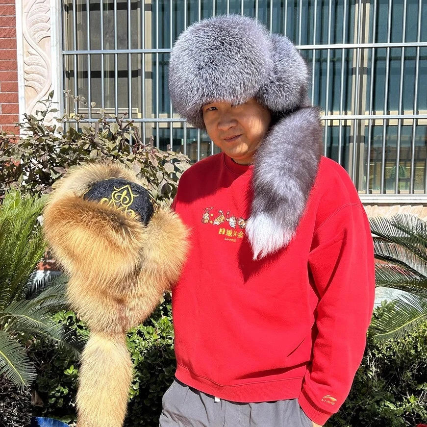 Unisex Real Fox Fur Hat Russian Warm Ushanka Cossack Mongolia Hat Cap Earlaps - Image 3 of 4