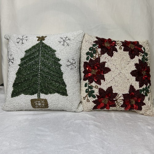 Lot 2 All Over Beaded Holiday Christmas Throw Pillow Tree Poinsettia Ring 12”