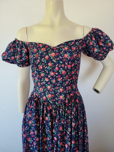 Vintage Puffärmel Kleid Gr. 4 baskische Taille Midi Länge Rosengarten Blumen 80er  - Bild 5 von 24