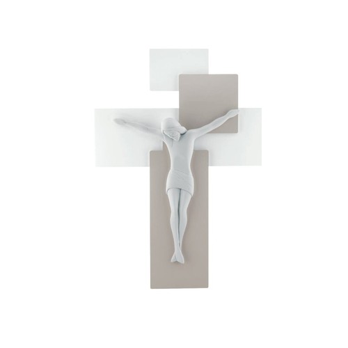 Crocifisso da parete cristo moderno legno bianco tortora 27x19 medio - bombonier - Foto 2 di 2