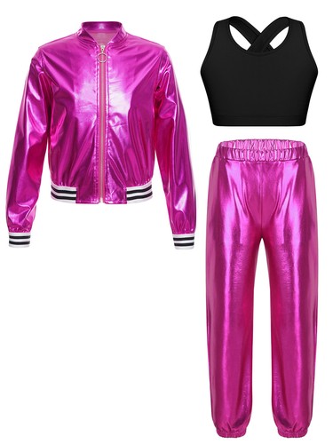 DE iEFiEL Mädchen Hip Hop Kleidung Set Dance Outfit Metallic Jacke+Crop Top+Hose - Bild 48 von 70