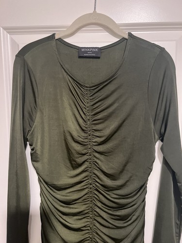 MINKPINK Olive Green Rouched Jersey Midi Bodycon Dress - Size M - Worn Once! - Picture 4 of 5