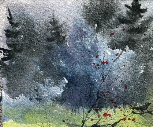 6X9 Original Pamela Wilhelm loose Watercolor black crow red berries tree - Picture 4 of 4