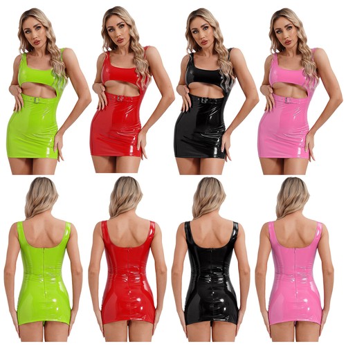 Womens Sexy PU Leather Mini Dress U Neck Sleeveless Cut Out Bodycon Clubwear - Bild 3 von 51