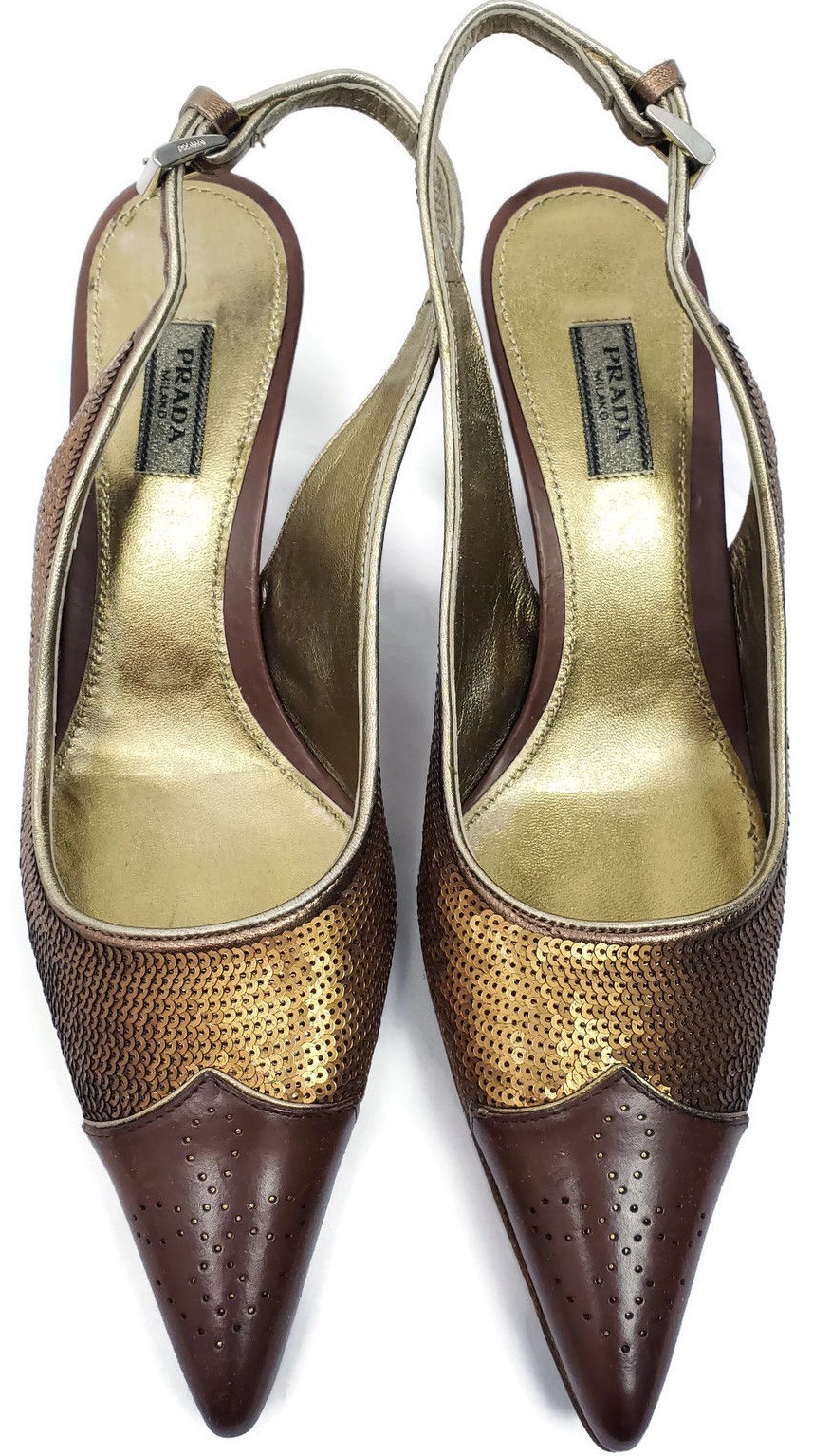 PRADA Sequin Leather Kitten Heel Sling Back Pointed Toe Pumps Brown Sz 36 US 5.5 PRADA Sequin Leather Kitten Heel Sling Back Pointed Toe Pumps Brown Sz 36 US 5.5