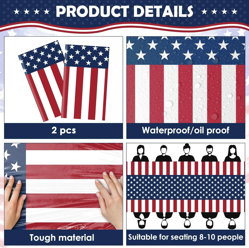 American Flag Plastic Tablecloth Fourth of July 54''x108'', 2 pack - Image 3 of 3