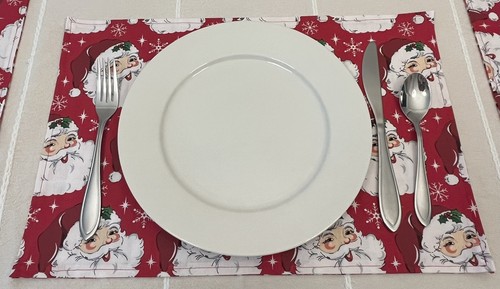 Christmas Placemats Reversible Santa Claus Snowflake Stripe Red White Set of 4 - Picture 4 of 8