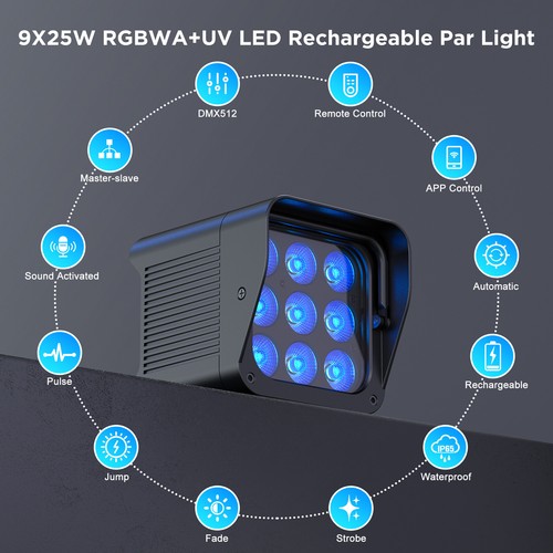 225W Waterproof RGBWA UV LED Par Light Battery DMX Stage DJ Wash Par Uplighting - Picture 6 of 19