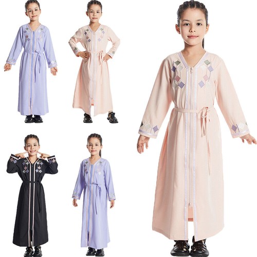 Girls Kids Zipper Long Dress Abaya Islamic Girls Kaftan Muslim Girl Robe Ramadan - Picture 23 of 49