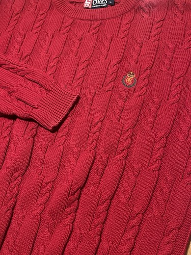 Vintage Chaps Ralph Lauren Sweater Mens L Red Cable Knit Crochet Crew Neck Y2K - Picture 2 of 6