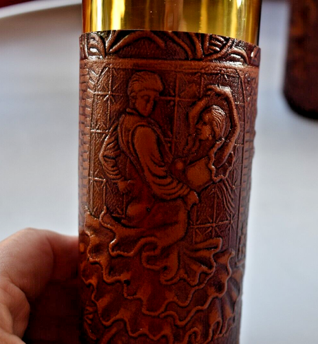 3 ~ AMBER Highball Glass TOOLED LEATHER HOLDERS Spanish Motif Flamenco Dancers - Picture 2 of 9