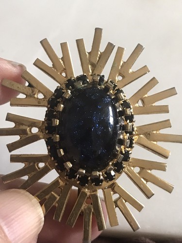 Broche prendedor vintage dorado Sunburst piedra cabujón azul brillante - Imagen 7 de 13