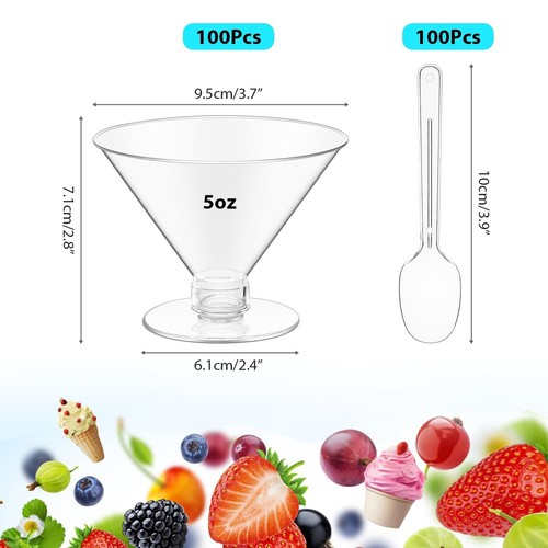 200Pcs Plastic Cocktail Glasses 5oz Mini Martini Cups Bulk with Spoons Clear ... - Picture 2 of 6