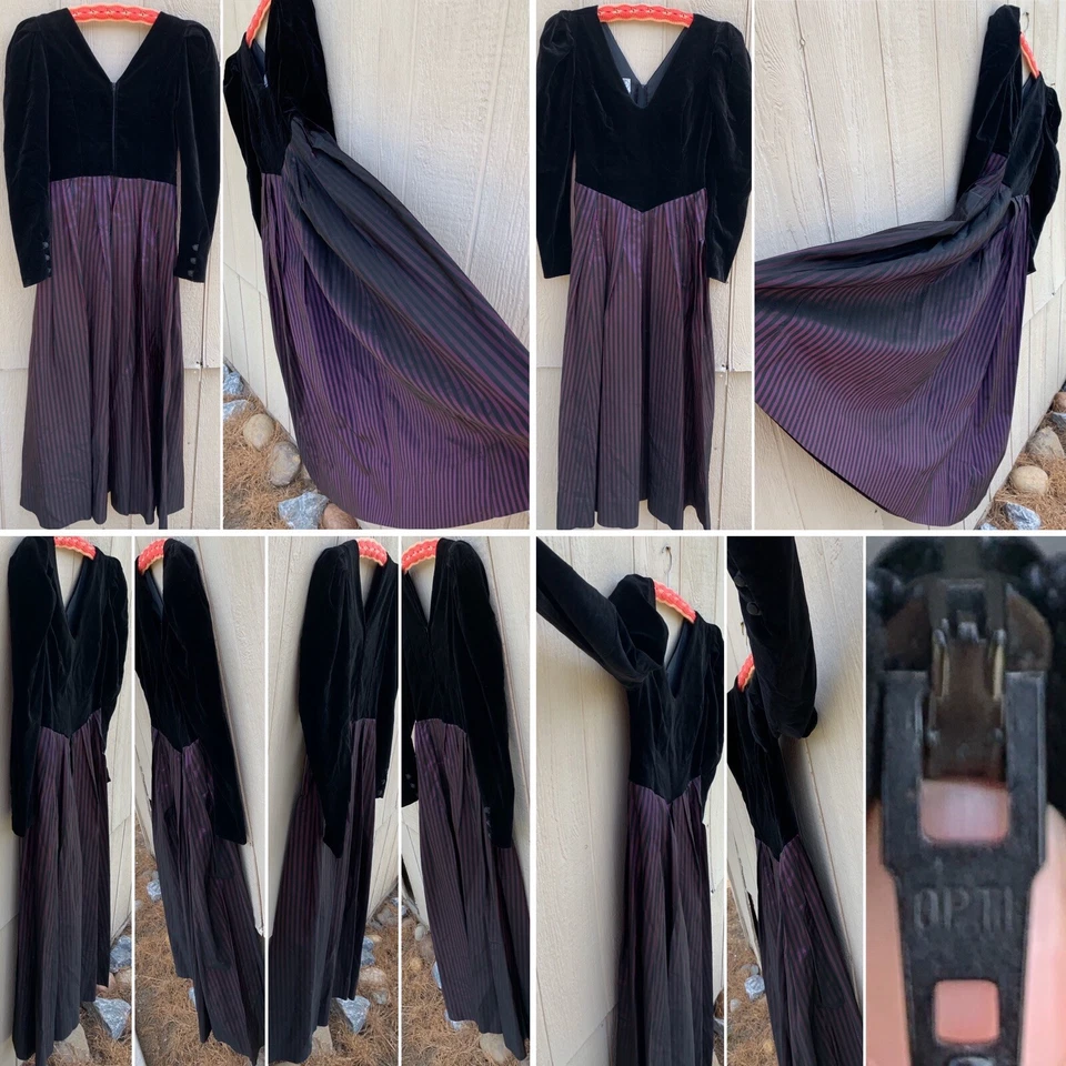 Vintage Laura Ashley Dress Black Velvet & Striped Taffeta 80s Prom 1980s Size 10 - Image 4 of 4