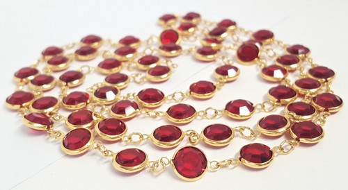 Austria Red Crystal Gold Bezel Set Necklace 36" Unsigned Vintage Long Strand - Picture 1 of 9