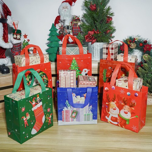 Christmas Gift Bags 12-Pack Tote Handles 8.6"x9"x4.3" Reusable Non-Woven - Picture 8 of 9