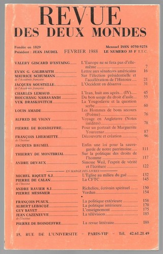 REVUE DES DEUX MONDES Numéro Mensuel présidé par Jean JAUDEL Février 1988 - Imagen 1 de 12