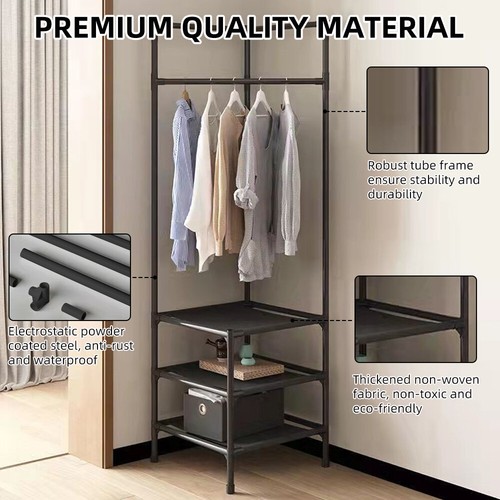 Industrial Corner Garment Rack Organizer 3-Tier Shelf for Bedroom & Office - Picture 3 of 6