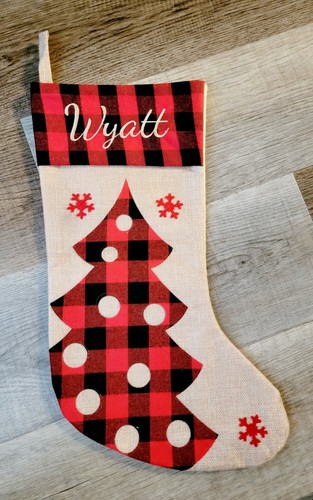 Burlap and Plaid Christmas Stocking 18" With Christmas Tree Embroidered "Wyatt"  - Picture 1 of 3