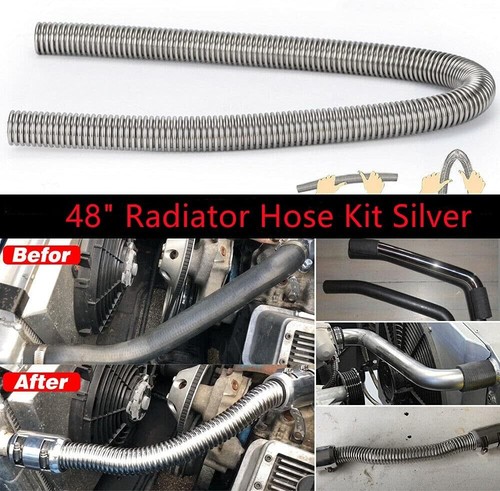 48" Stainless Steel Radiator Flexible Coolant Water Hose W/ Caps Kit Universal - Picture 7 of 11