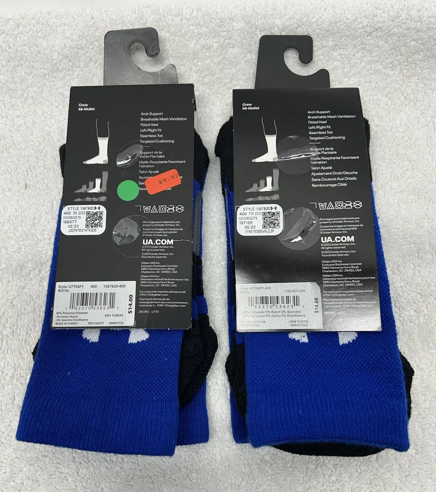 Calcetines Under Armour Mujer Talla 6-10 Azul Equipo Crew Nuevos Paquete de 2 (U9) Foto 2 de 3