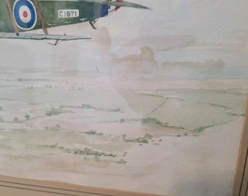VINTAGE WATERCOLOUR PAINTING BIPLANE WWI FIGHTER SIGNED 19 x 15" - Picture 13 of 21