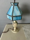 Vintage Stained Glass Table Lamp Metal Floral Base  Tiffany Style