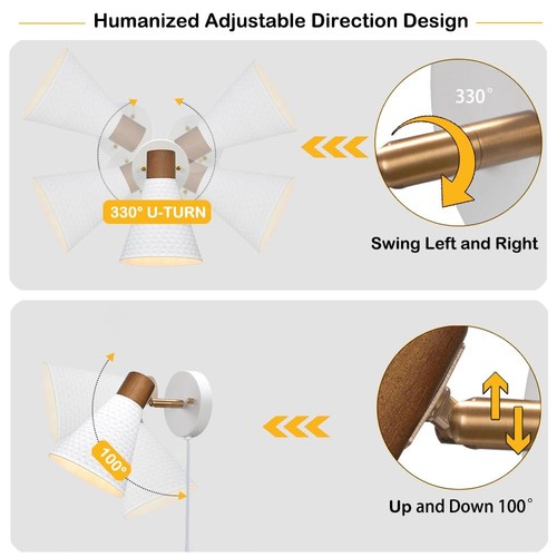 White Plug in Wall Sconces Set of 2, Modern Wall Light with Plug in Cord, Woo... - Picture 3 of 8