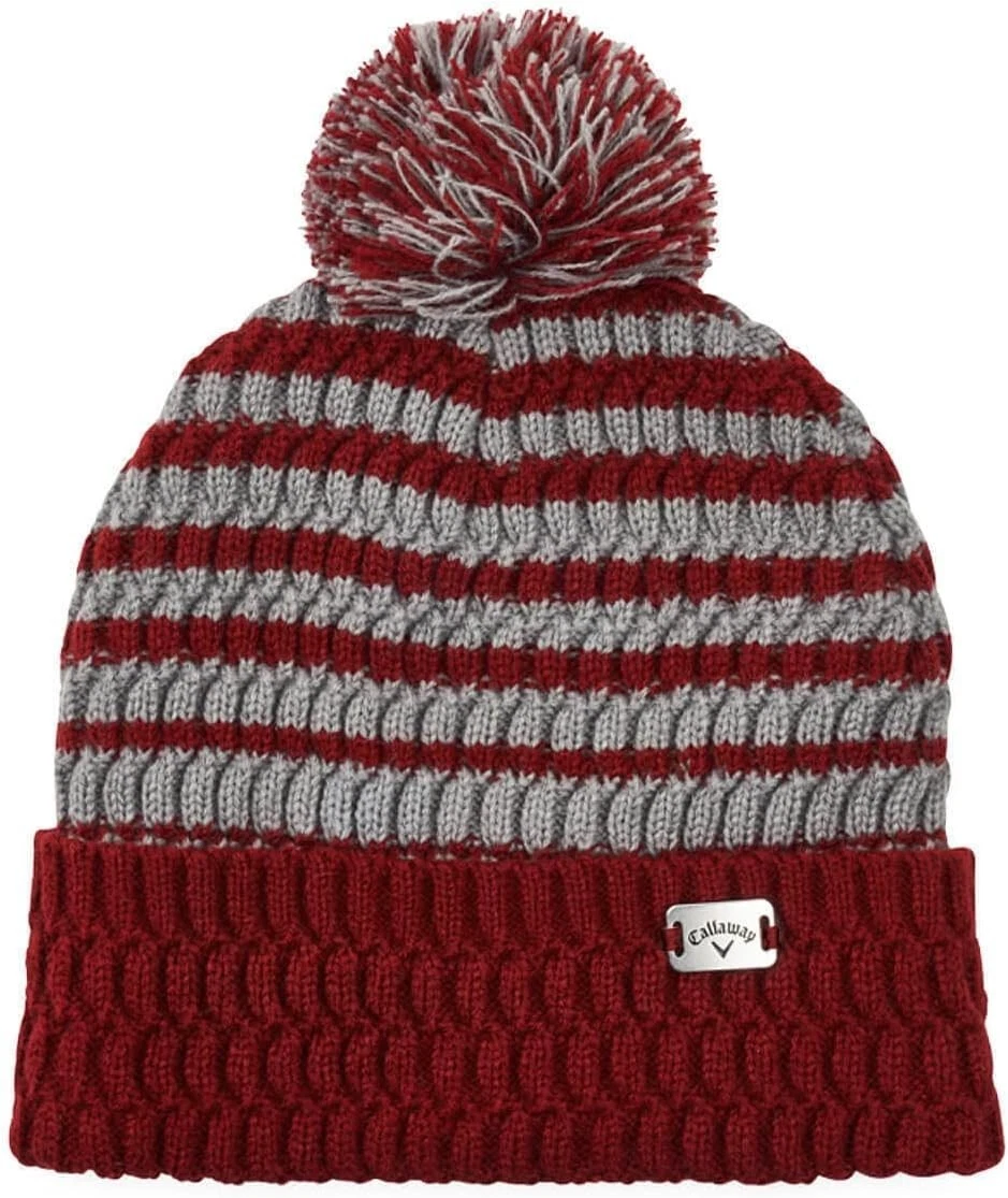 New Callaway RED GREY Pom Pom Fleeced Lined Beanie Same Day Ship NWT BEANY