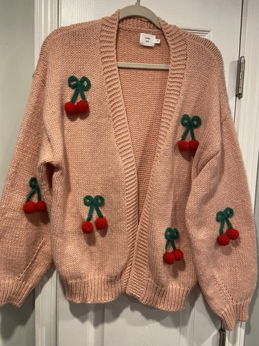 NWT Luna + Ivy Anthropologie Size S Pink Knit Cardigan 3D Appliqué Cherries