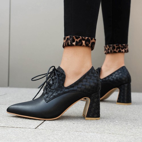 Damen-Oxfords spitz zulaufend Schnürung französischer Stil hoher Blockabsatz britischer Frühling - Bild 26 von 27