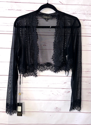 TADASHI SHOJI Size XL Sheer Mesh Lace Trim Black Sweater Shrug NWT