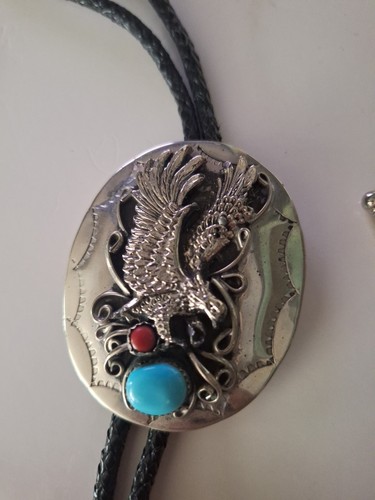 Braided BLACK Bolo Tie EAGLE IN FLIGHT with Stones - Picture 2 of 7