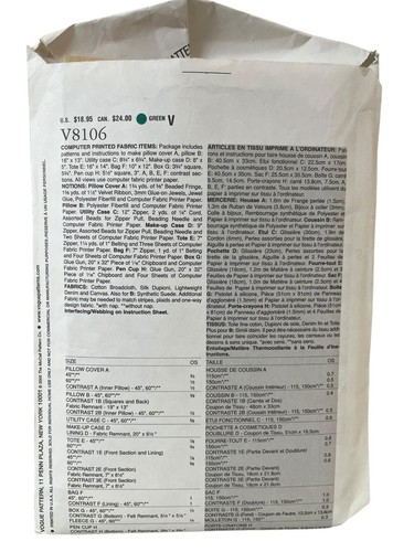 Vogue Craft V8106 Sewing Pattern Tote Bags Utility Cases Pillow Covers OSZ - Picture 2 of 2