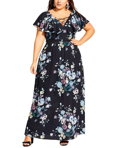 City Chic Women's Floral Print Lace up Maxi Dress Black Size Petite Small - Picture 1 of 3